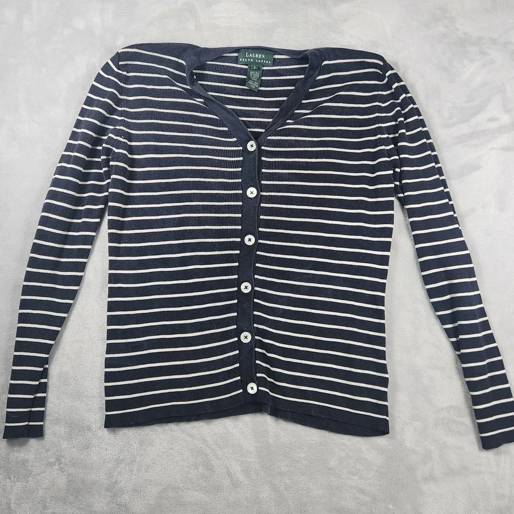 LRL Ralph Lauren Silk Navy White Striped Cardigan Sweater S Quiet Luxury Nautica